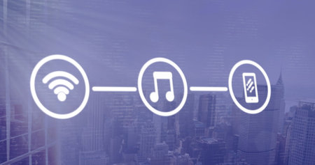 Image of digital icons over cityscape background. global networks, connections and technology...