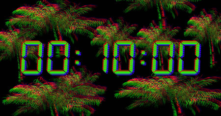 Image of blue digital clock timer changing over palm trees on black background. Time, timer, digital...