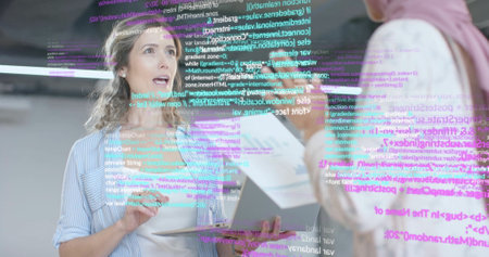 Image of financial data processing over diverse business people in office. Global business, finance,...