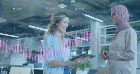 Image of financial data processing over diverse business people in office. Global business, finance,...