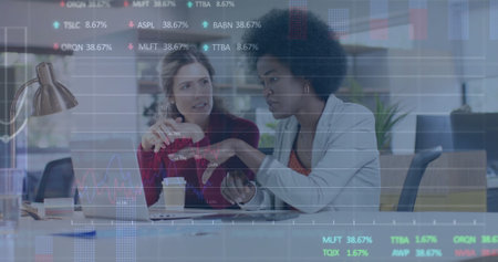 Image of financial data processing over diverse businesswomen in office. Global business, finance,...