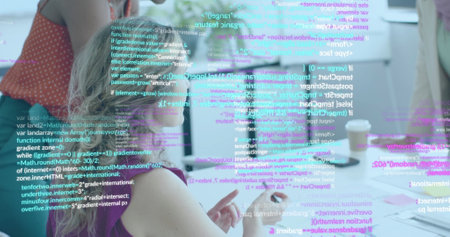 Image of financial data processing over diverse business people in office. Global business, finance,...