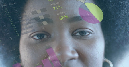 Image of financial data processing over african american businesswoman. Global business, finance,...