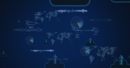 Image of media icons over data processing. communication technology, data sharing and digital...