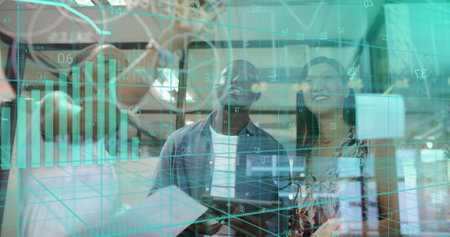 Image of financial data processing over diverse businesspeople working in office. Global business,...
