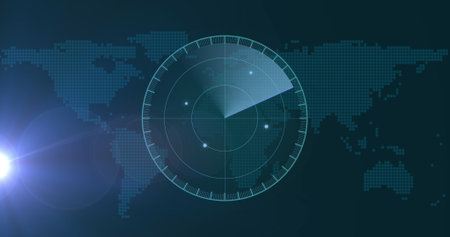 Image of scope scanning over world map. communication technology, data sharing and digital interface concept digitally generated image.の写真素材