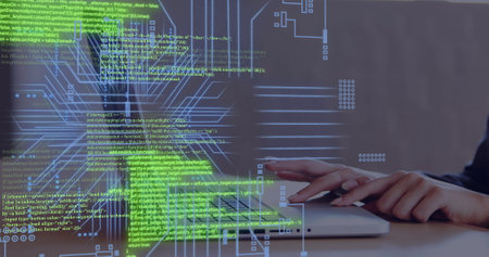 Image of circuit board with data processing over caucasian woman using laptop. Global connections,...