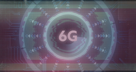 Image of scope scanning and 6g text. global data processing, communication, digital interface,...