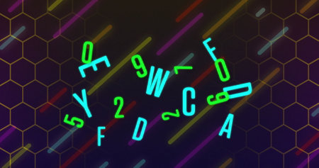 Image of letters over digital light trails. communication technology, data sharing and digital interface concept digitally generated image.の写真素材