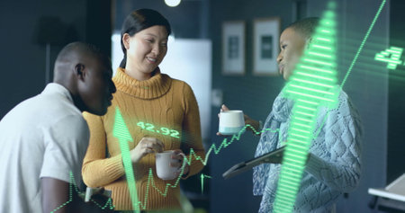 Image of financial data processing over diverse businesspeople working in office. Global business,...