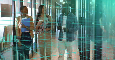 Image of financial data processing over diverse businesspeople working in office. Global business,...