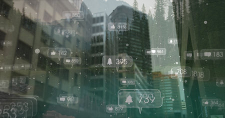 Image of social media icons over cityscape. global social media, communication, digital interface, technology and networking concept digitally generated image.の写真素材