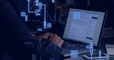 Image of circuit board with data processing over male hacker using laptop. Global connections,...