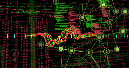 Image of network of connections over data processing. communication technology, data sharing and digital interface concept digitally generated image.の写真素材