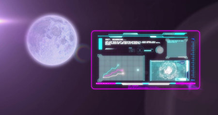 Image of full moon and screen with data processing on black background. Global connections,...