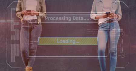 Image of data processing on screen over women using smartphone. global communication, digital...