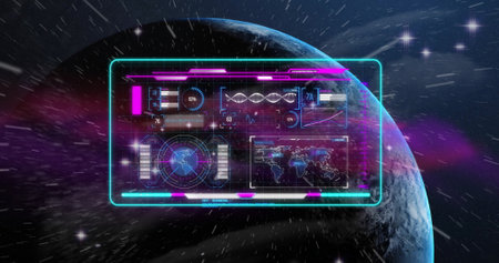 Image of globe and screen with data processing on black background. Global connections, computing,...