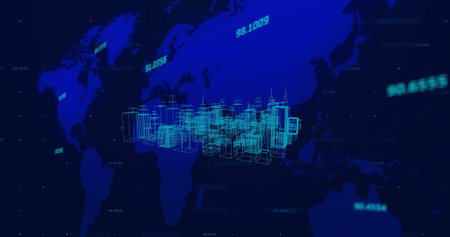 Image of digital city over world map. communication technology, data sharing and digital interface concept digitally generated image.の写真素材
