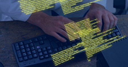 Image of circuit board with data processing over caucasian woman using laptop. Global connections, computing, digital interface and data processing concept digitally generated image.の写真素材