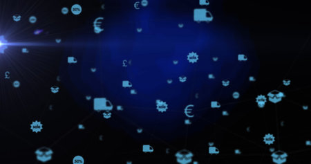 Image of media icons on blue background. communication technology, data sharing and digital interface concept digitally generated image.の写真素材