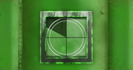 Image of scope scanning on green background. communication technology, data sharing and digital interface concept digitally generated image.の写真素材