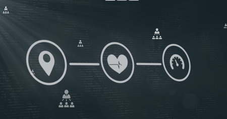Image of media icons on green background. communication technology, data sharing and digital interface concept digitally generated image.の写真素材