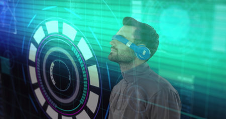 Image of scope scanning with glitch and man wearing vr headset. global data processing,...