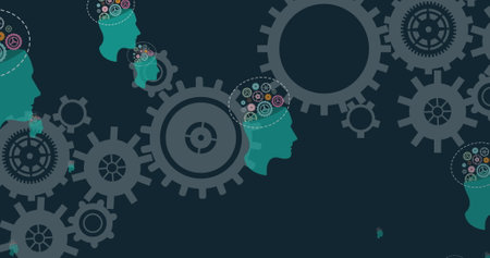 Image of cogs spinning on black background. communication technology, data sharing and digital...