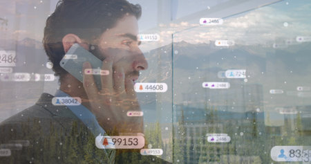 Image of social media icons over businessman using smartphone. global social media, communication,...