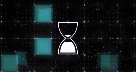 Image of egg timer icon on black background. communication technology, data sharing and digital...