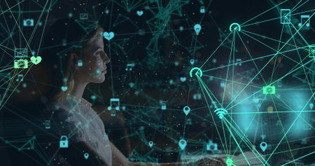 Image of network of connections over businesswoman working. communication technology, data sharing and digital interface concept digitally generated image.の写真素材