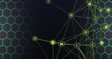 Image of network of connections on black background. communication technology, data sharing and digital interface concept digitally generated image.の写真素材