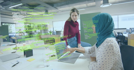 Image of financial data processing over diverse business people in office. Global business, finance,...