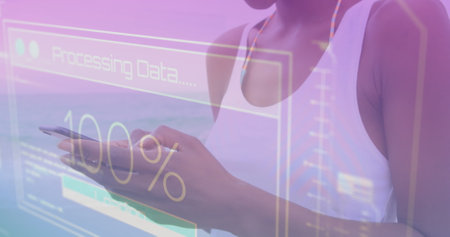Image of data processing on screen over woman using smartphone. global communication, digital...