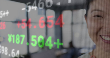 Image of financial data processing over asian businesswoman smiling in office. Global business,...