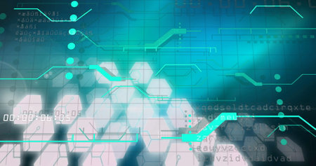 Image of data processing over computer circuit board. Global data processing, digital interface and connections concept digitally generated image.の写真素材