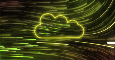 Image of neon cloud icon over yellow trails. Abstract background, retro future and pattern concept digitally generated image.の写真素材