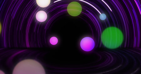 Image of neon spots moving over blue spiral. Abstract background, retro future and pattern concept...