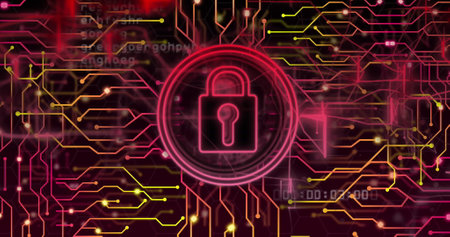 Image of online security padlock, data processing over computer circuit board. Global online security, data processing, digital interface and connections concept digitally generated image.の写真素材