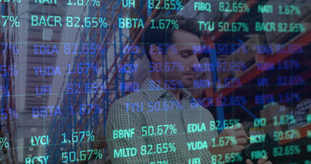 Image of stock market over caucasian worker in warehouse. global shipping, delivery and connections...