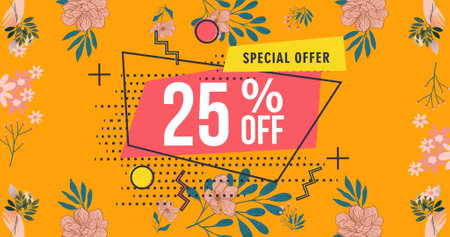 Image of 25 percent off text over flowers moving in hypnotic motion. retail, sales and savings...