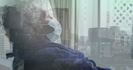 Image of cityscape over disabled african american woman sitting in wheelchair. International day of...
