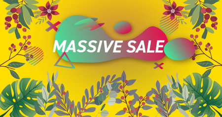 Image of massive sale text over flowers moving in hypnotic motion. retail, sales and savings concept digitally generated image.の写真素材