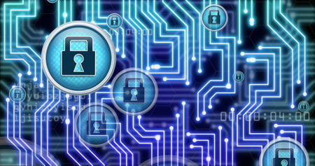 Image of online security padlocks, data processing over computer circuit board. Global online...