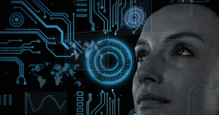 Image of digital interface with data processing over woman's face. digital interface,...