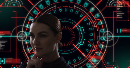 Image of digital interface with data processing over woman's face. digital interface,...