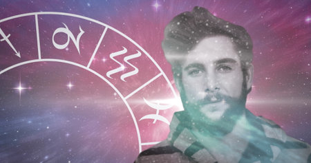 Image of digital interface with zodiac signs wheel over man&#39;s face. digital interface, communication and technology concept digitally generated image.の写真素材
