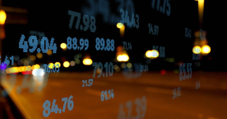Image of financial data processing over cars on street. Global business, finances, computing and...
