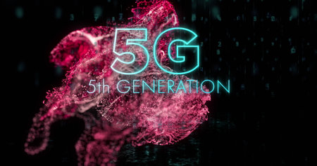 Image of 5th generation text over glowing moving wave. image game, entertainment and digital interface concept digitally generated image.の写真素材