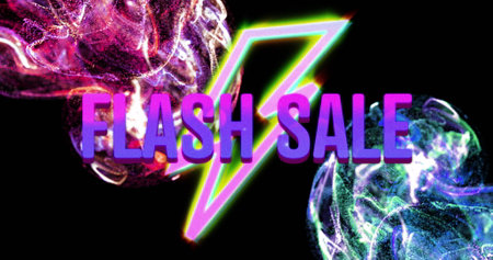 Image of flash sale text over lightening moving purple wave. shopping and retail concept digitally generated image.の写真素材